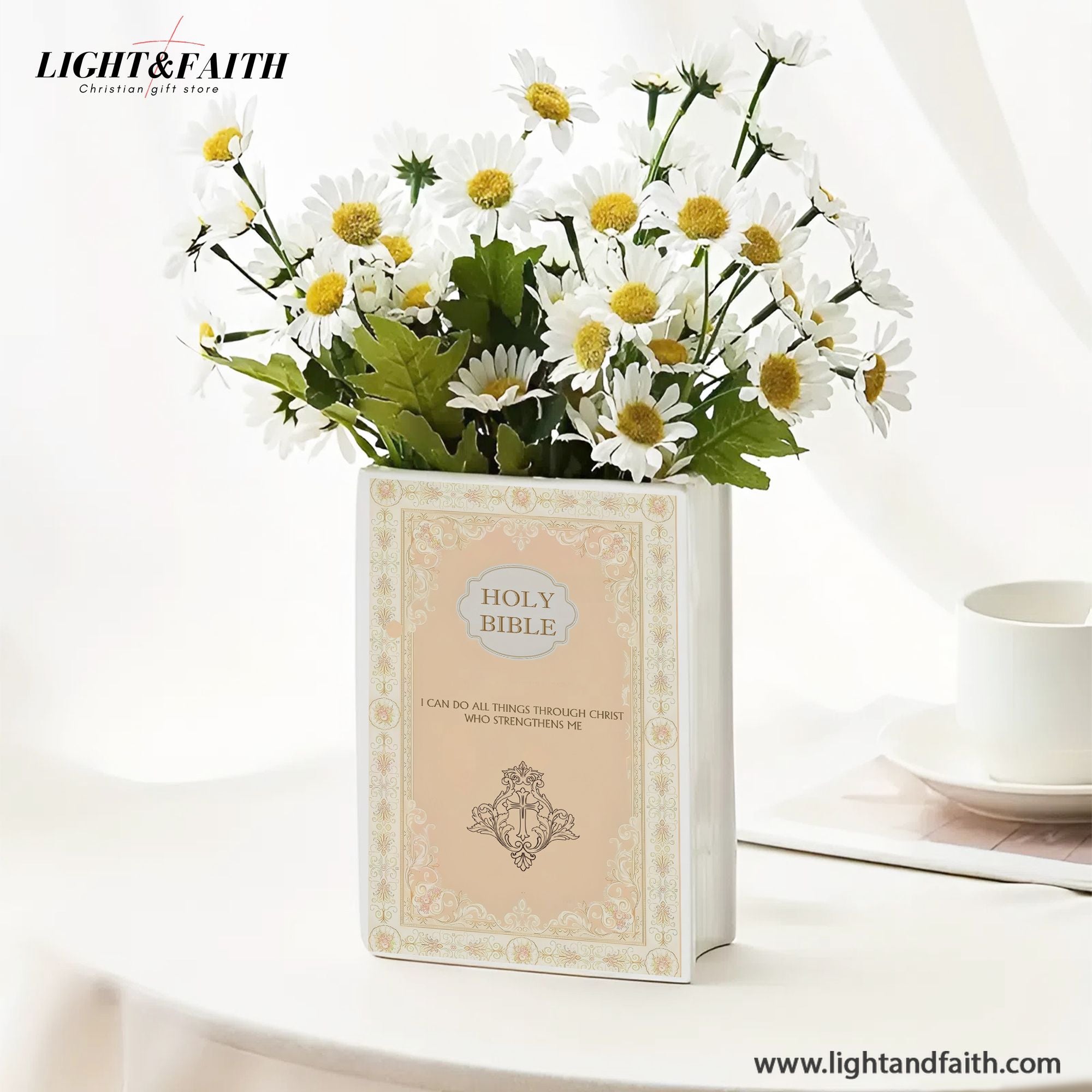 Personalized Holy Bible Book Vase, Ceramic Floral Book Decor with Scripture Verse, Christian Gift for Her CBLAF05